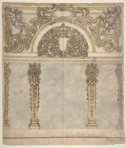 Design for an Alcove with a Coat of Arms Flanked by Putti Bearing a Crown, Supported by Pilasters with Human Heads in Capitals by Giovanni Battista Foggini, drawing, 1652-1725