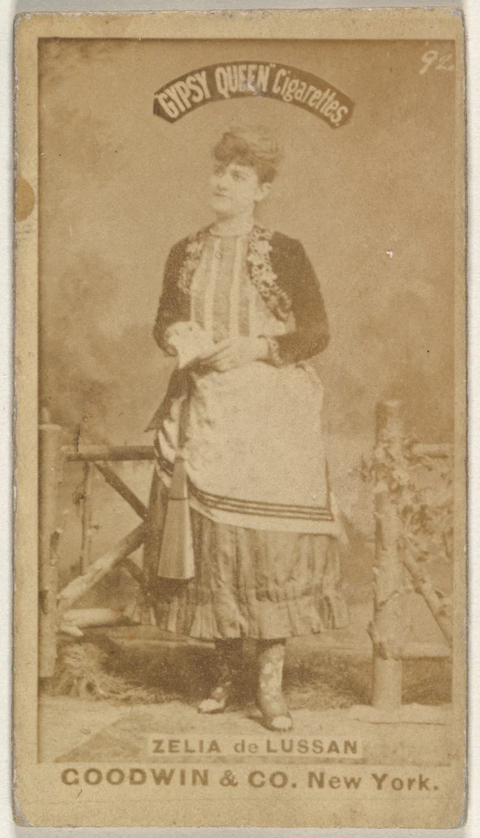 Zelia de Lussan, from the Actors and Actresses series (N171) for Gypsy Queen Cigarettes by Goodwin & Company, photograph, 1886-1890