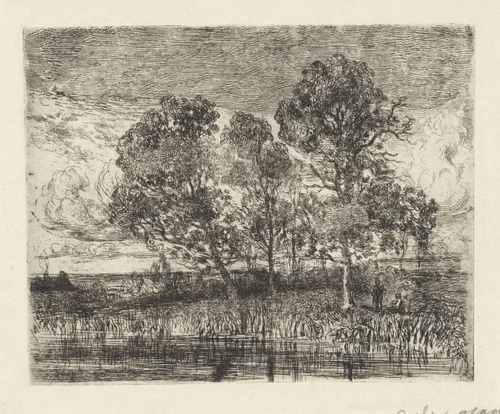 Drie bomen aan een oever by Augustinus Jacobus Bernardus Wouters, print, 1839-1888