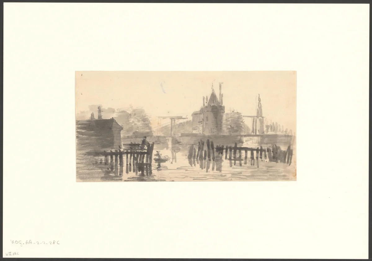 Gezicht op de Schreierstoren vanaf het IJ by Everhardus Koster, drawing, 1849