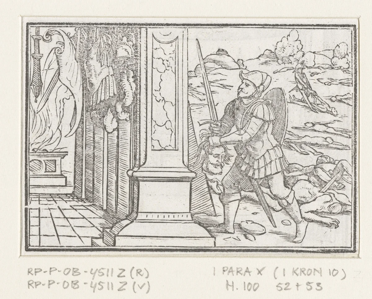 Hoofd van Saul wordt tempel van Filistijnen binnengebracht by Hans Holbein, print, 1538