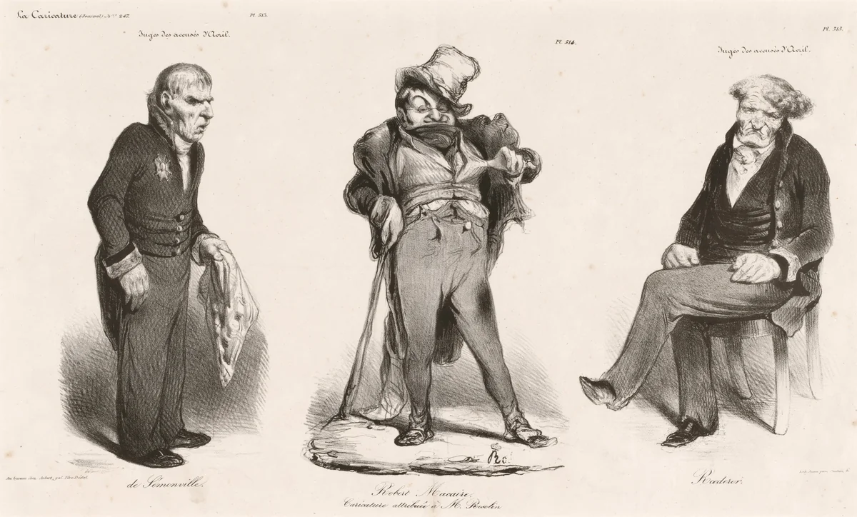 Huguet de Sémonville - Robert Macaire (Thiers) - Comte Roederer by Honoré Daumier, print, 1835
