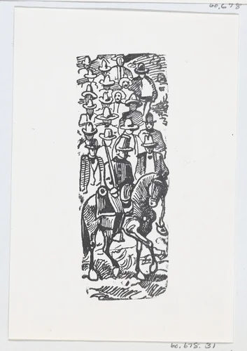A group of men following a soldier on horseback with a sword by José Guadalupe Posada, print, 1857-1913