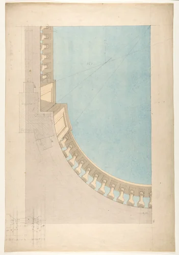 Perspectival study for one quadrant of a ceiling design including a trompe l'oeil balustrade by Jules-Edmond-Charles Lachaise, drawing, 1850-1900