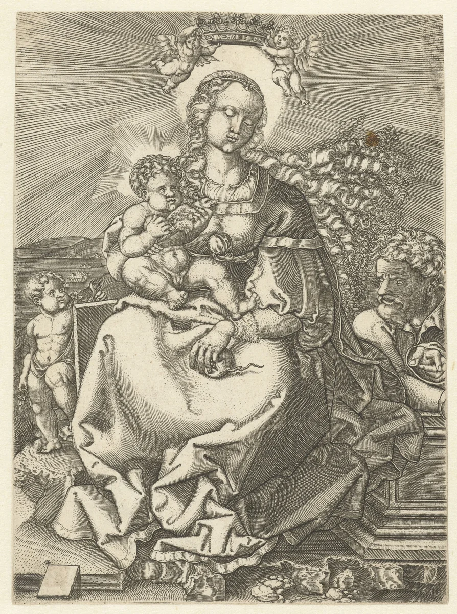 Maria met kind en Jozef by Jacob Binck, print, 1510-1569