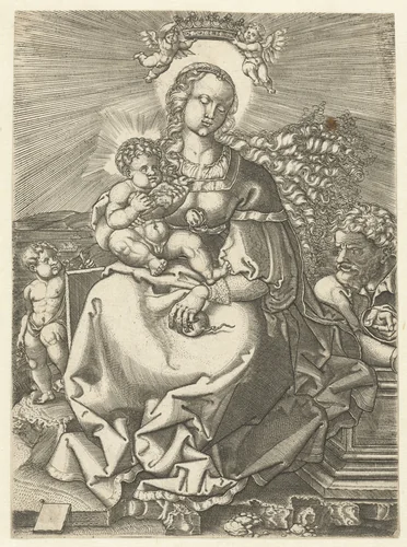 Maria met kind en Jozef by Jacob Binck, print, 1510-1569