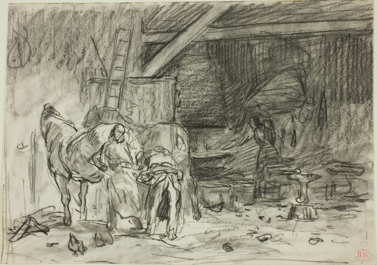 Interior of a Blacksmith's Shop (recto); Man Bending Over, Seen from Read (verso) by Charles-Émile Jacque, drawing, 1833-1894