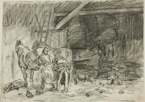 Interior of a Blacksmith's Shop (recto); Man Bending Over, Seen from Read (verso) by Charles-Émile Jacque, drawing, 1833-1894
