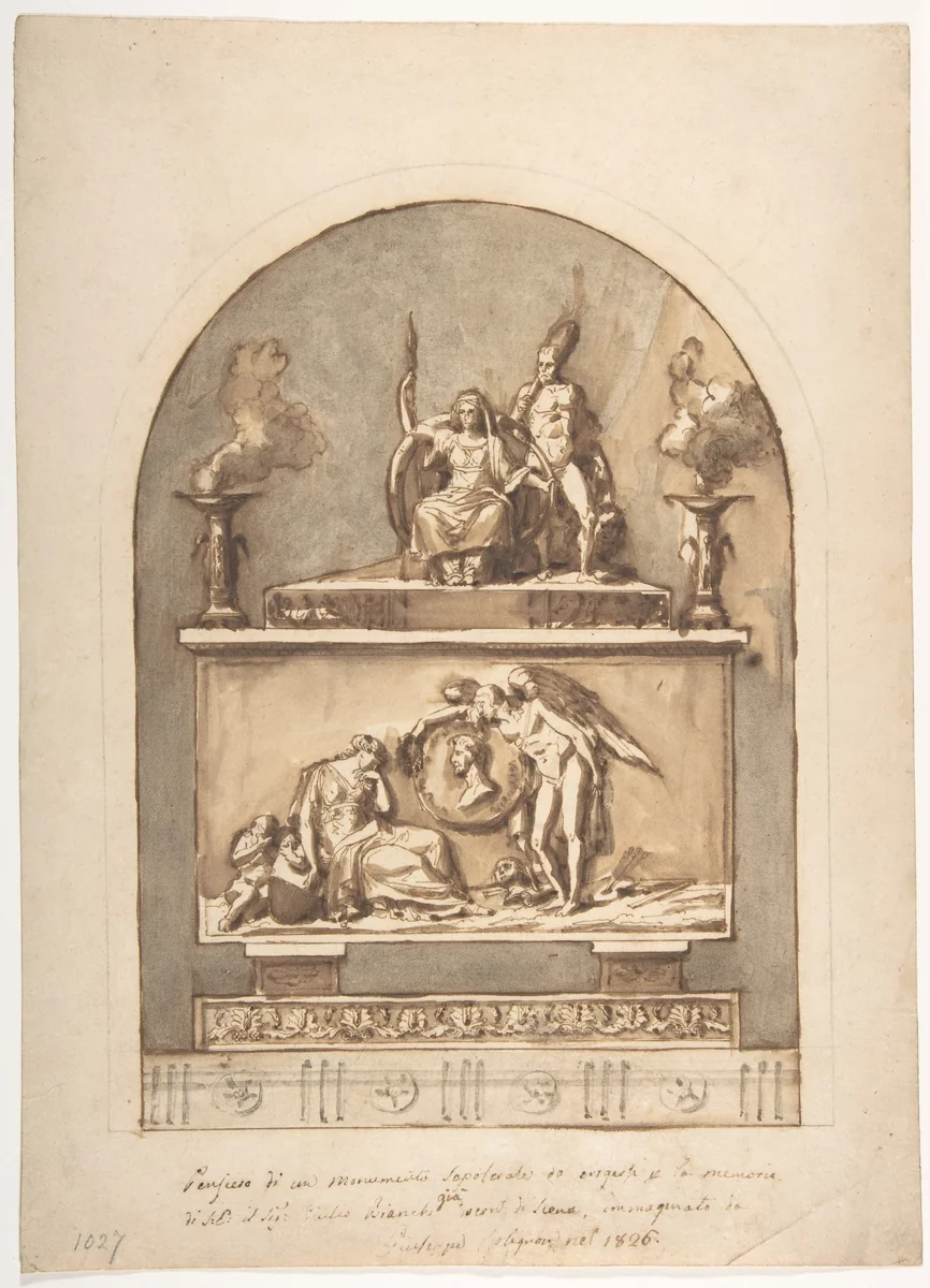 Design for a Sepulchral Monument Divided in Two Parts with Bas Relief Surmounted by Statues and Foliate Decoration Below by Guiseppe Colignon, drawing, 1826