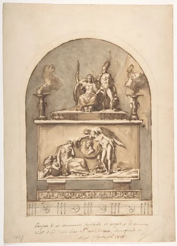 Design for a Sepulchral Monument Divided in Two Parts with Bas Relief Surmounted by Statues and Foliate Decoration Below by Guiseppe Colignon, drawing, 1826