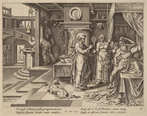 The Healing of Eneas by Saint Peter by Philip Galle, print, 1537-1612