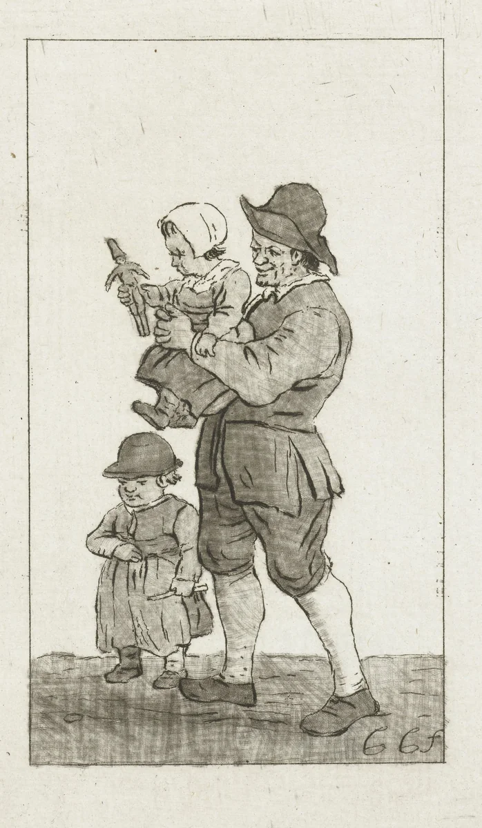 Vader met twee kinderen by Pieter de Mare, print, 1779