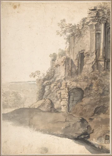 Landscape with Roman Ruins by Cornelis van Poelenburch, drawing, 1609-1667