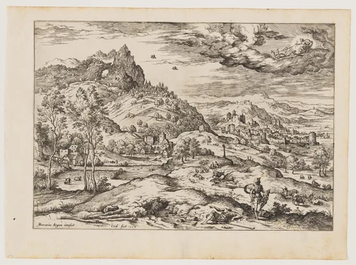 Mercury with Head of Argus in His Hand, from Landscapes with Biblical and Mythological Scenes by Hieronymus Cock, print, 1558