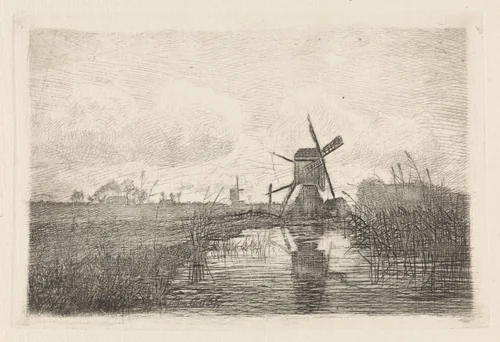 Landschap met twee molens by Elias Stark, print, 1859-1886
