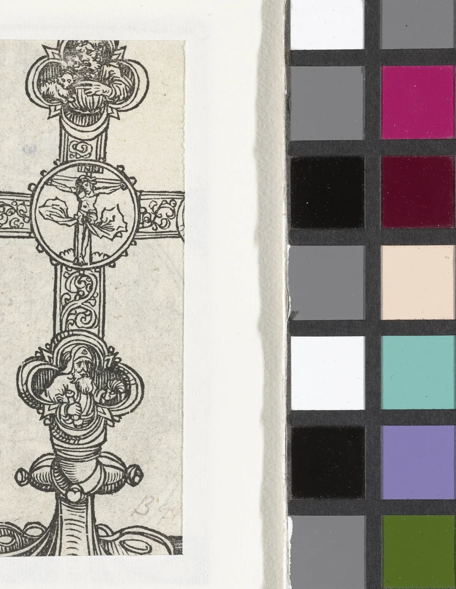 Kruis met Christus aan het kruis, Johannes de Evangelist, Simon en Jakobus de Meerdere by Lucas Cranach, print, 1509-1549