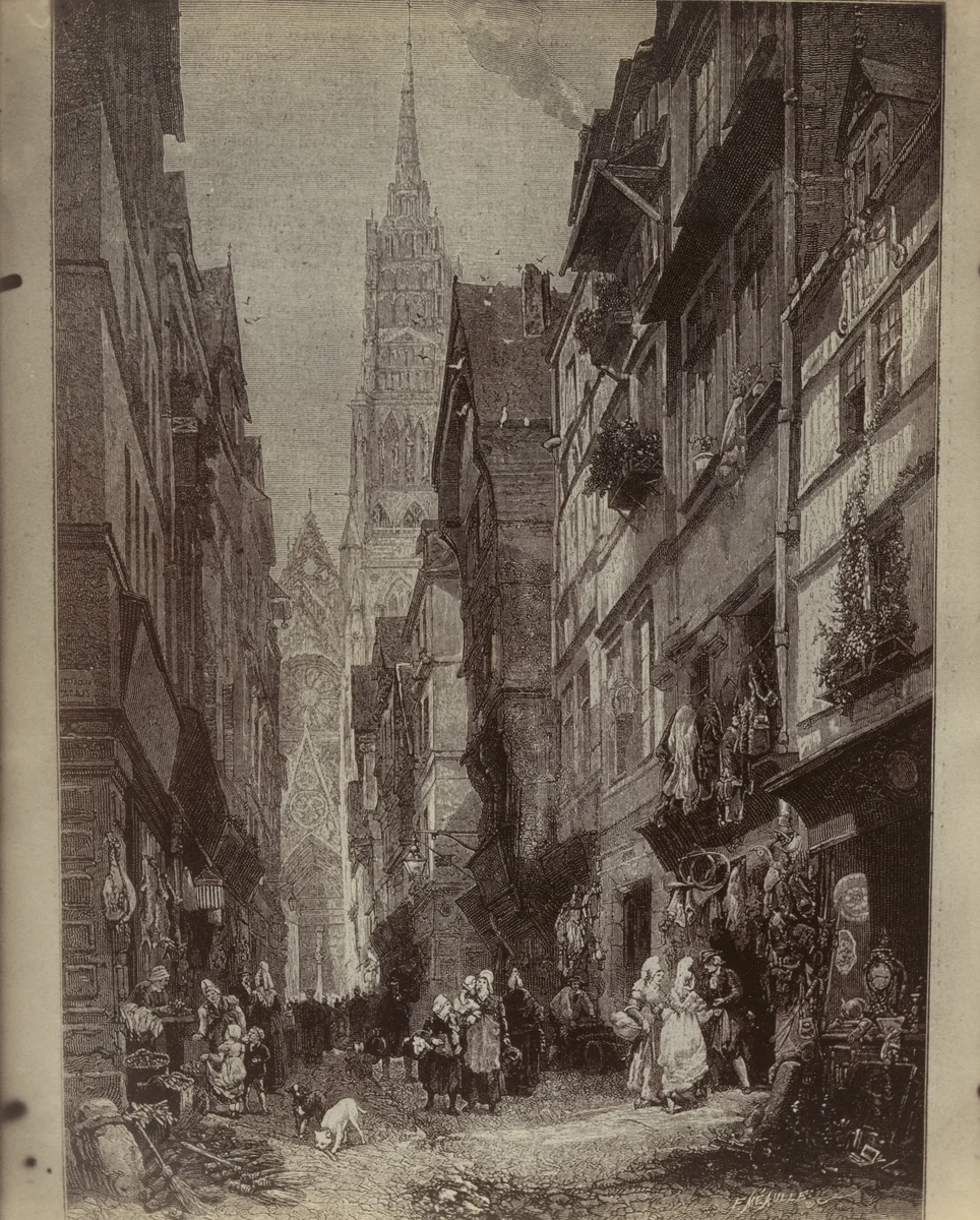 Rouen Vers 1820 (reproduction of print) by Eugène Atget, photograph, 1907
