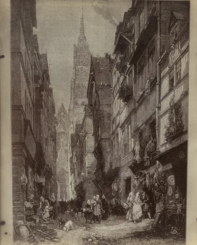 Rouen Vers 1820 (reproduction of print) by Eugène Atget, photograph, 1907