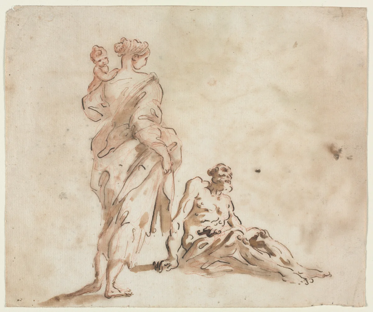 A Standing Woman Holding a Child, a Seated Male at her Feet by Alessandro Magnasco, drawing, 1700-1749