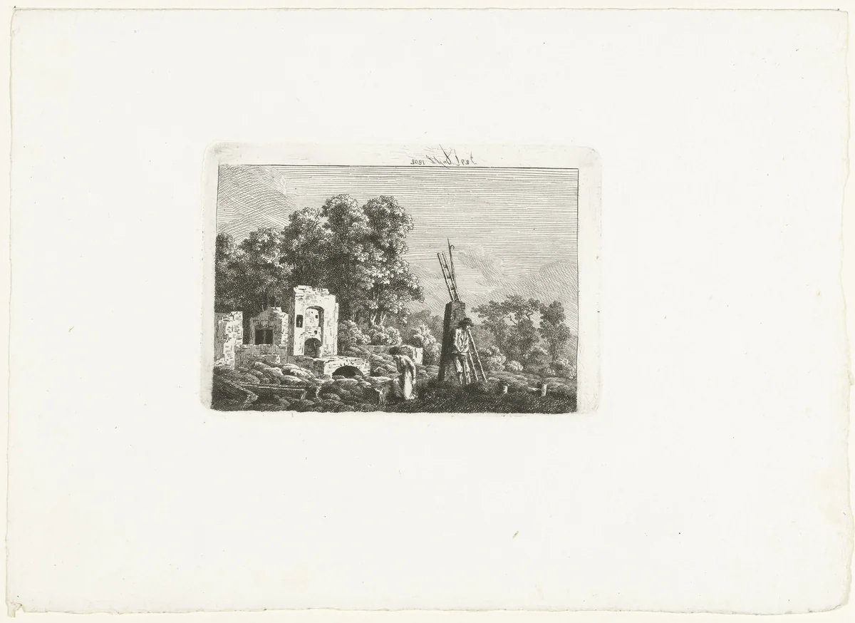 Man en vrouw bij resten van hun verbrande huis by Caspar David Friedrich, print, 1802