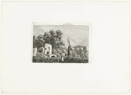 Man en vrouw bij resten van hun verbrande huis by Caspar David Friedrich, print, 1802