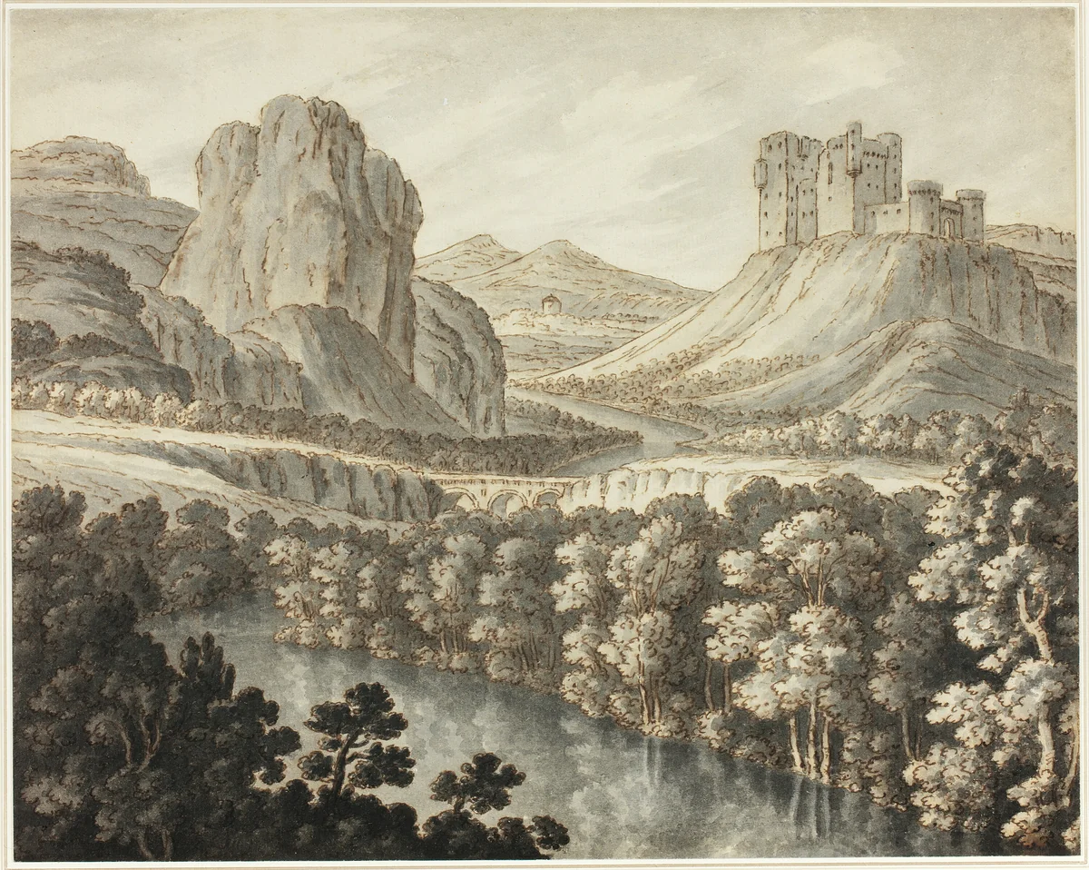 A Romantic Landscape with a Ruined Castle by Robert Adam, drawing, 1778-1787