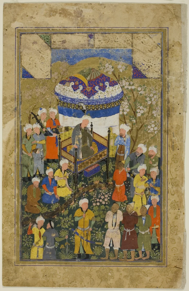 Chained Prisoners are Brought Before a King, a scene from the Gulistan of Sa'di by Uzbekistan Bukhara, painting, 1550