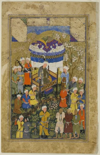 Chained Prisoners are Brought Before a King, a scene from the Gulistan of Sa'di by Uzbekistan Bukhara, painting, 1550