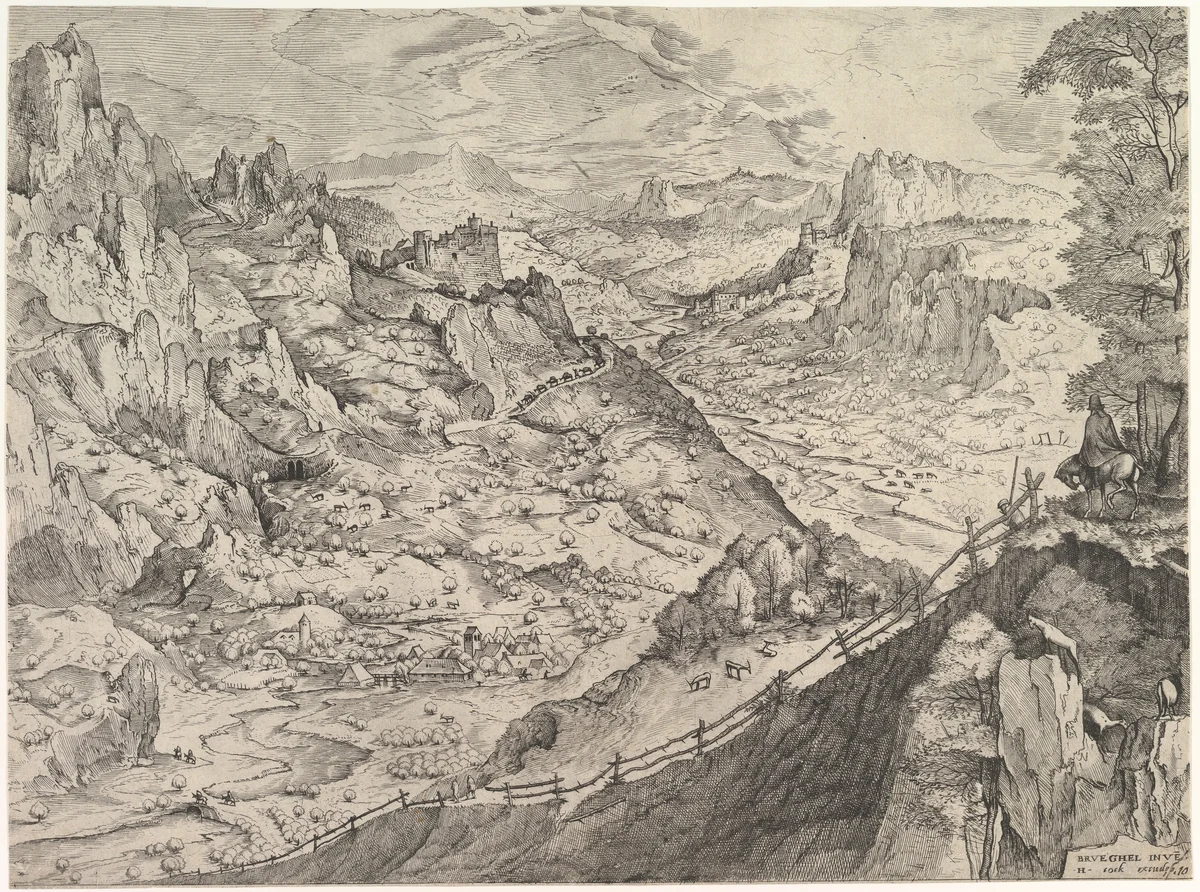Large Alpine Landscape by Johannes van Doetecum, print, 1550-1560