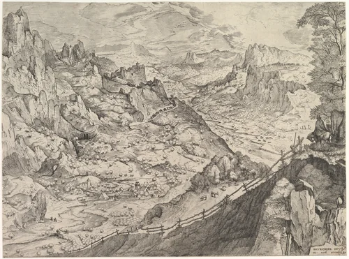 Large Alpine Landscape by Johannes van Doetecum, print, 1550-1560