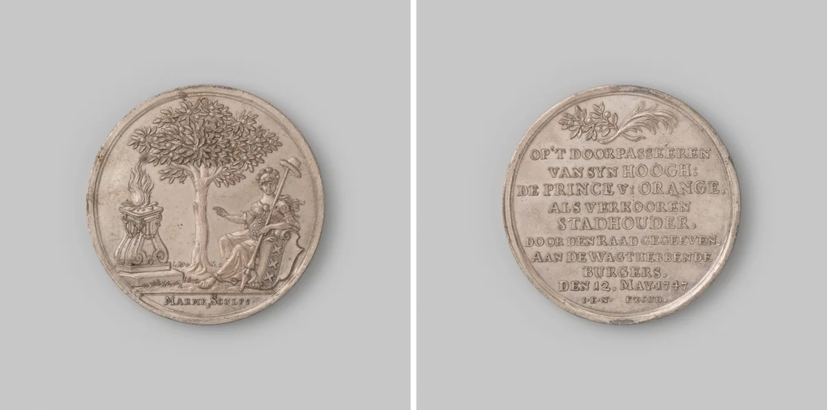 Gedenkpenning vereerd aan de wachthebbende burgers van Amsterdam, ter herinnering aan het verblijf van Prins Willem IV te Amsterdam op 11 en 12 mei by Johann Conrad Marmé, metalwork, 1747