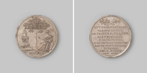 Gedenkpenning vereerd aan de wachthebbende burgers van Amsterdam, ter herinnering aan het verblijf van Prins Willem IV te Amsterdam op 11 en 12 mei by Johann Conrad Marmé, metalwork, 1747