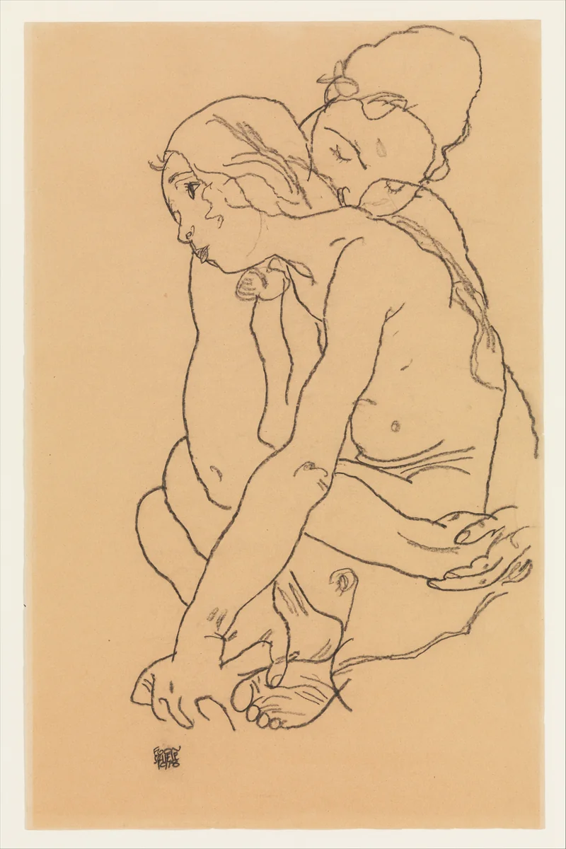 Woman and Girl Embracing by Egon Schiele, drawing, 1918