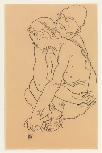 Woman and Girl Embracing by Egon Schiele, drawing, 1918
