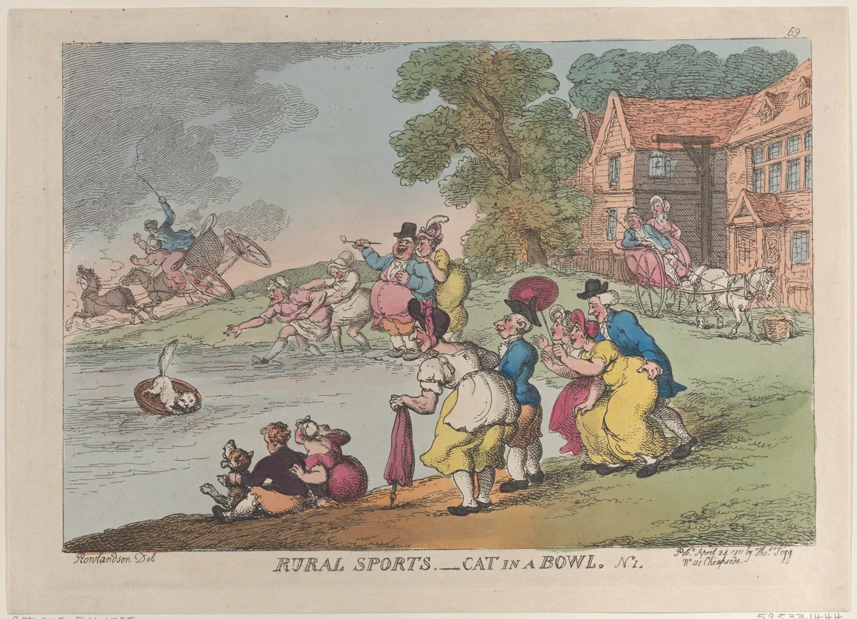 Rural Sports: Cat in a Bowl by Thomas Rowlandson, print, 1811