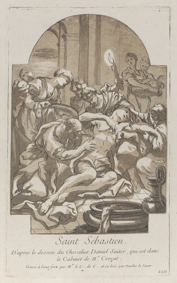 The martyrdom of Saint Sebastian by Anne Claude Philippe de Tubières, print, 1724-1734