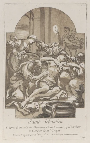 The martyrdom of Saint Sebastian by Anne Claude Philippe de Tubières, print, 1724-1734