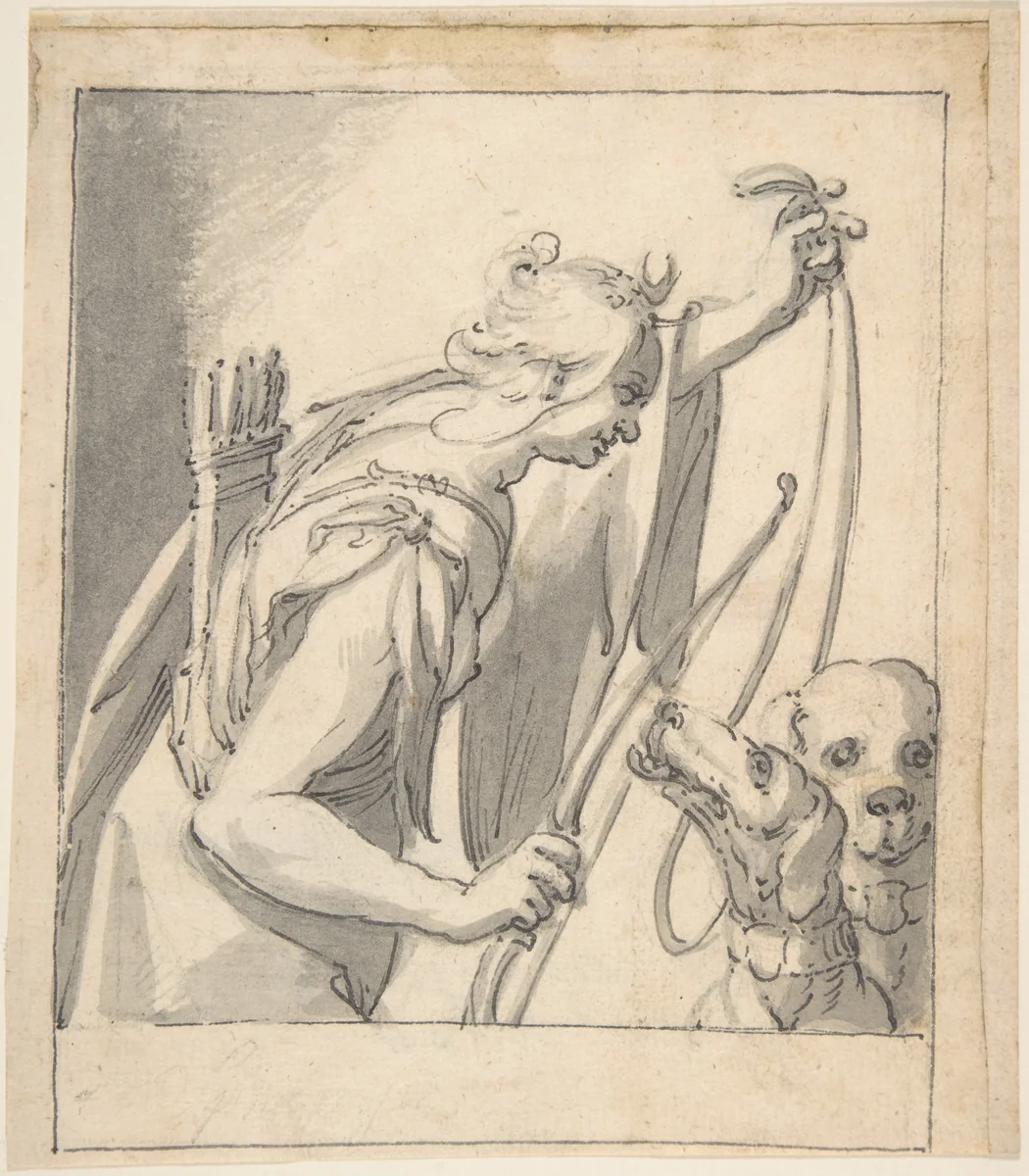 Diana with Two Dogs by anonymous, drawing, 1580-1636
