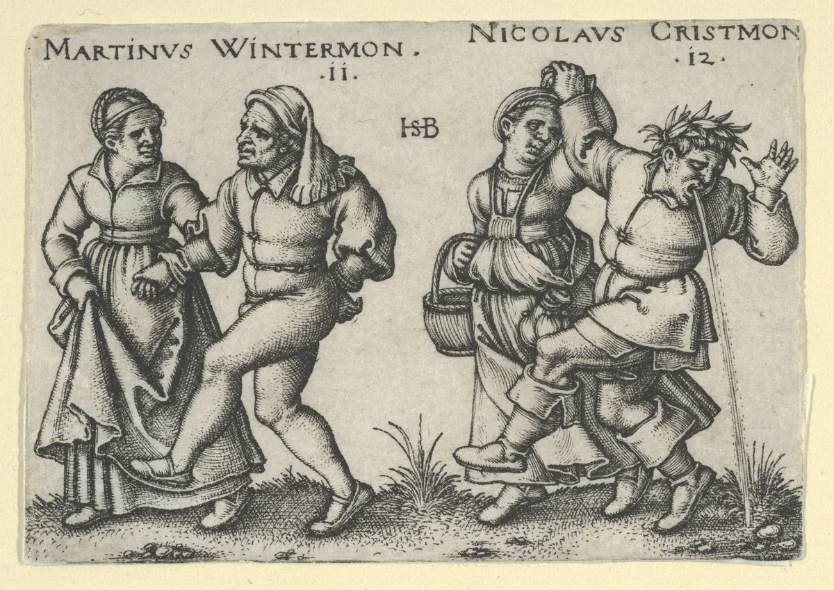 November and December from "The Peasants' Feast" or "The Twelve Months" by Sebald Beham, print, 1546-1547