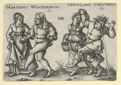 November and December from "The Peasants' Feast" or "The Twelve Months" by Sebald Beham, print, 1546-1547