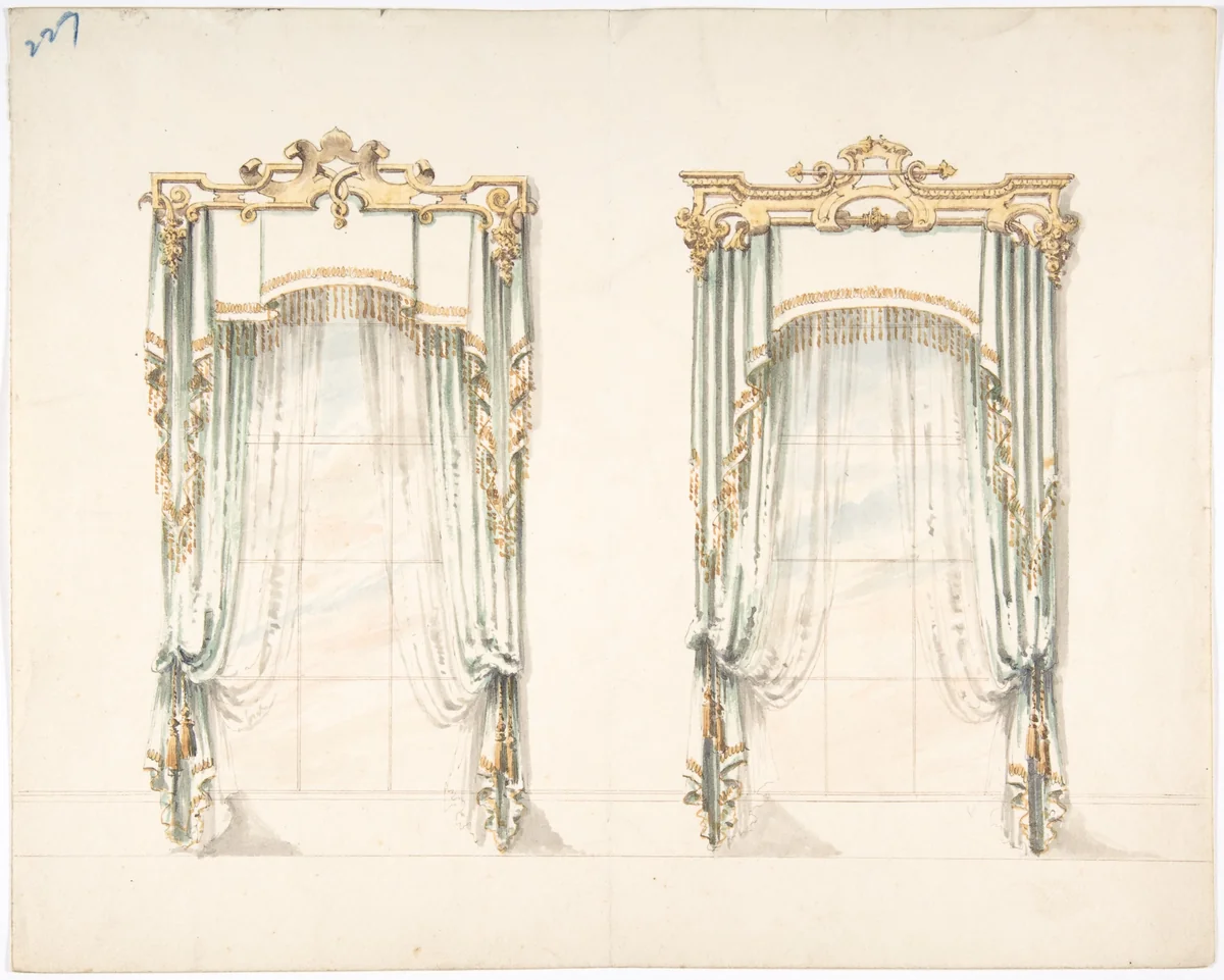 Design for Two White Curtains with Gold Fringes and a White and Gold Pelmets by anonymous, drawing, 1800-1850