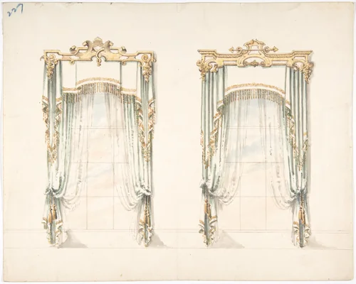 Design for Two White Curtains with Gold Fringes and a White and Gold Pelmets by anonymous, drawing, 1800-1850