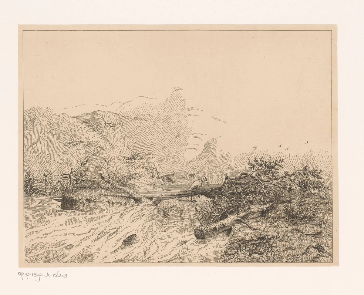 Rotsachtig landschap met rivier en reiger by Jean Théodore Joseph Linnig, print, 1848-1849
