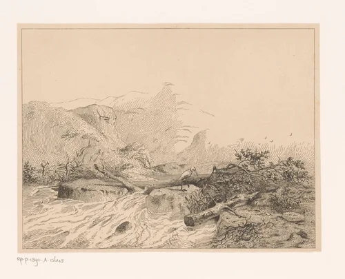 Rotsachtig landschap met rivier en reiger by Jean Théodore Joseph Linnig, print, 1848-1849