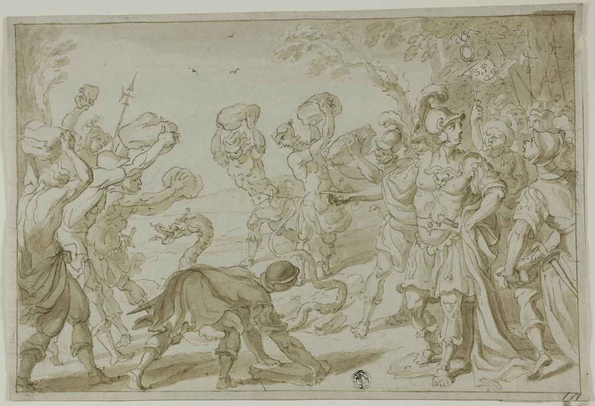 Roman Soldiers Stoning a Serpent by Abraham Bloemaert, drawing, 1600-1625
