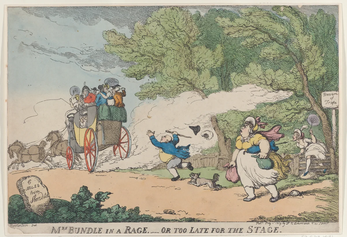 Mrs. Bundle in a Rage or too late for the Stage by Thomas Rowlandson, print, 1809