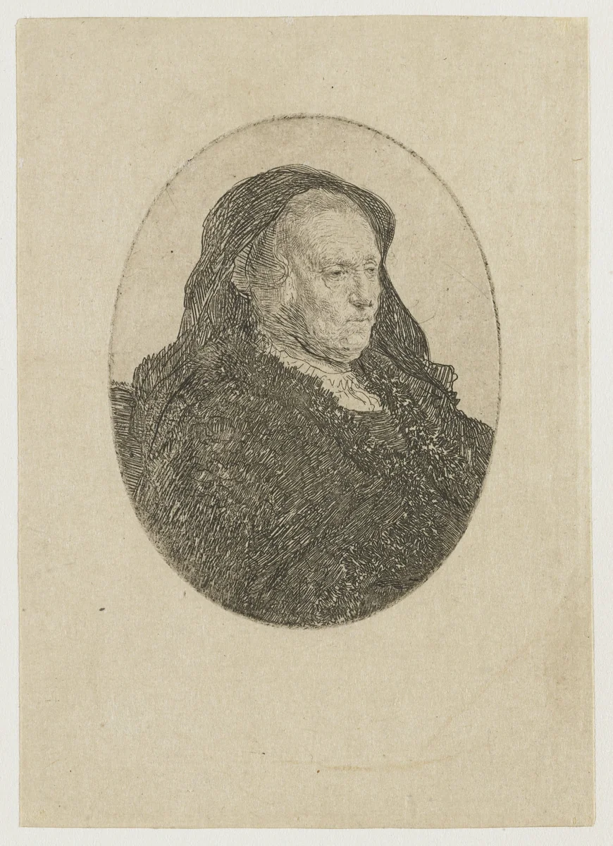The artist's mother seated at a table, looking right: three quarter length by Rembrandt van Rijn, print, 1631