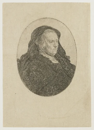 The artist's mother seated at a table, looking right: three quarter length by Rembrandt van Rijn, print, 1631