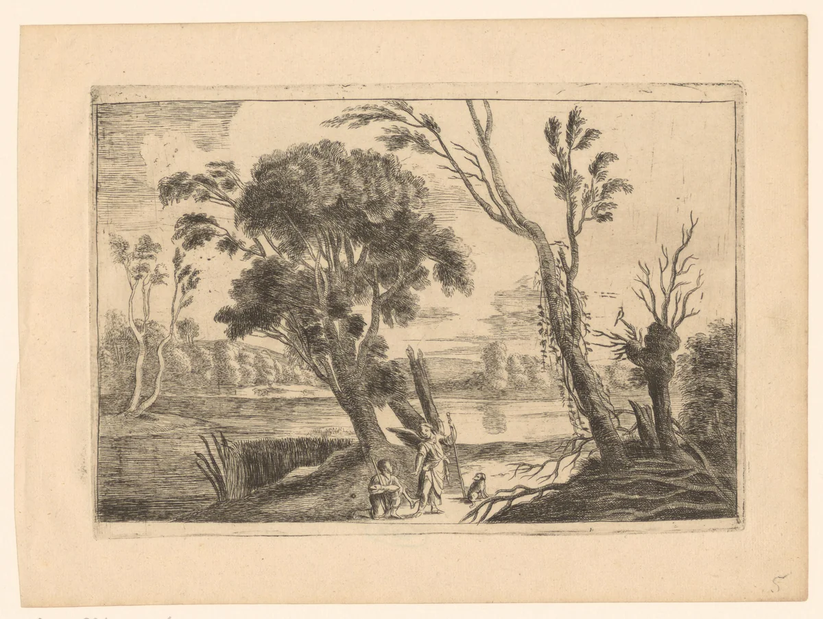 Landschap met Tobias en de engel by John Evelyn, print, 1649