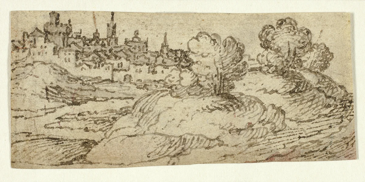 Hill Town with Trees in Foreground by Unknown Artist, drawing, 1600-1650